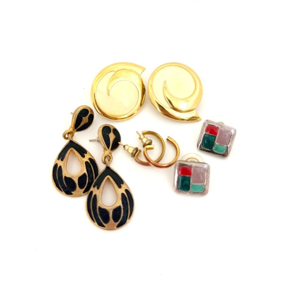 Vintage Enamel Earring Lot Gold Tone Silver Tone 4 pair Includes Monet